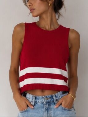 Dries Van Noten Red Sleeveless Sweater Top with White Stripes (Size S)
